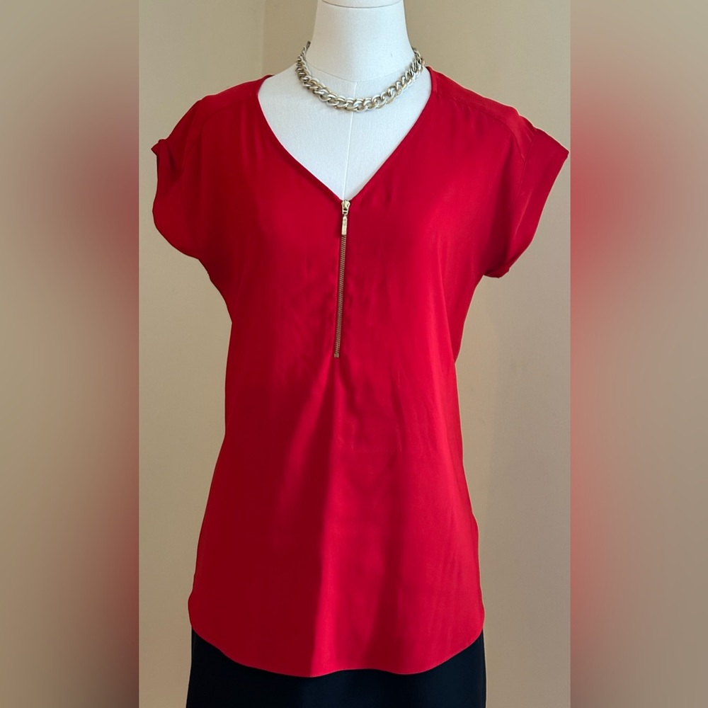 Express Bright Red Gold Zipper Short Rolled Up Sleeves Light Material Sz SP.